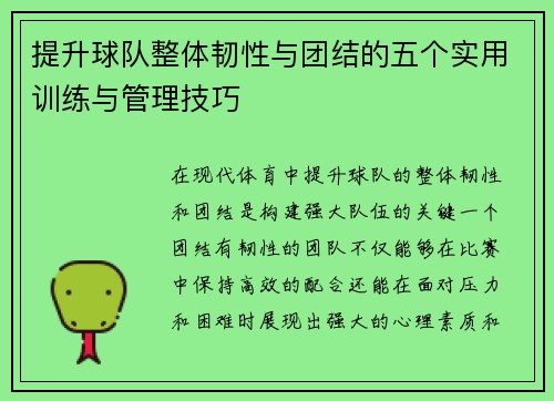提升球队整体韧性与团结的五个实用训练与管理技巧