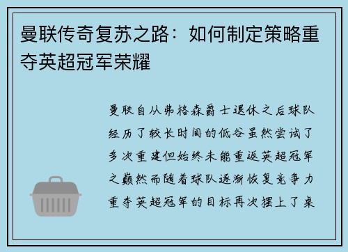 曼联传奇复苏之路：如何制定策略重夺英超冠军荣耀