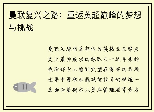 曼联复兴之路：重返英超巅峰的梦想与挑战