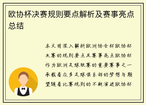 欧协杯决赛规则要点解析及赛事亮点总结