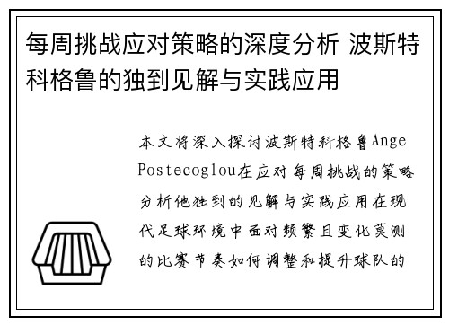 每周挑战应对策略的深度分析 波斯特科格鲁的独到见解与实践应用